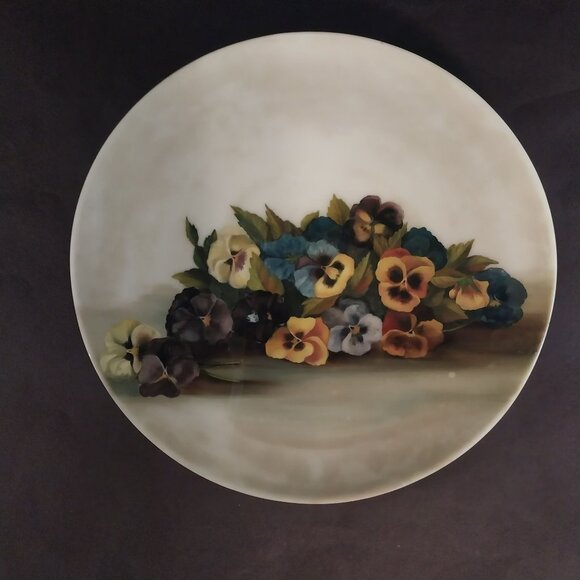 Large Vintage Pansies Hand Painted Platter Plate Glass Or Porcelain Stunning - Picture 1 of 8
